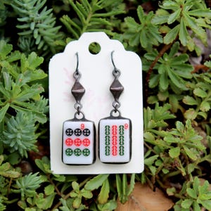 Small Mahjong Tile #9 Earrings with Pewter Elements