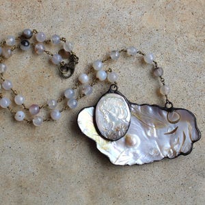 Large Pearl Pendant with Cameo and Agate Chain