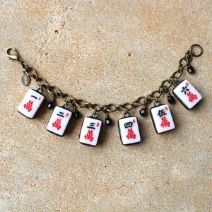 Mahjong Charm Bracelet with Chinese Characters and Black Beads