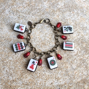 Mahjong Assorted Charm Bracelet with Red Czech Glass Flowers