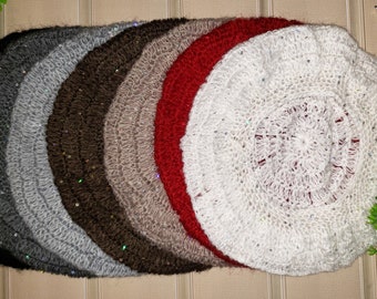 Handmade Sequined Acrylic/Wool/Mohair Crochet Beret Style Hat!Available Colors: Black, Brown, White, Grey, Mink Light Brown