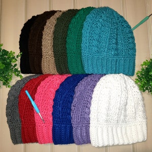 Handmade Acrylic Crochet Cable Beanie Hats for Men, Women- 12 Colors - Red, Black, Grey, Pink, Blue, Green, Brown & More