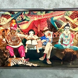 May include: A rectangular art print featuring a colorful, surreal scene. It depicts several stylized figures, including a musician with a French horn, a person reading a book, and a meditating figure. A tiger is lying in the foreground.