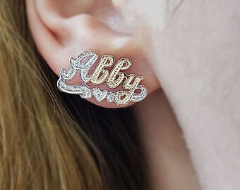 Name ear studs,Name earrings silver,Women gifts,Name ear studs two tones, Silver name ear studs,Personalized name ear studs.