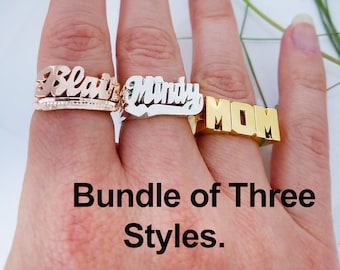 Gold Name ring set, Three Name rings brass, AKA name rings silver, Gold name rings, Woman rings, Jewelry rings,Men gift name rings