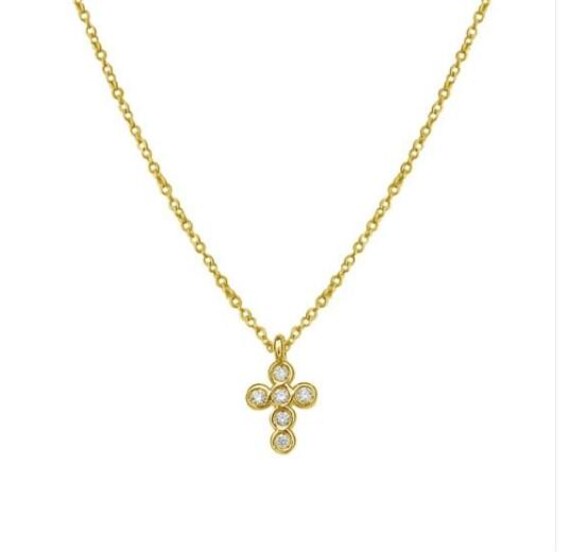 14k petite cross necklace, Religious jewelry, Cross with diamonds necklace, Cross pendant 14k gold. Diamond cross pendant, Gift for her.