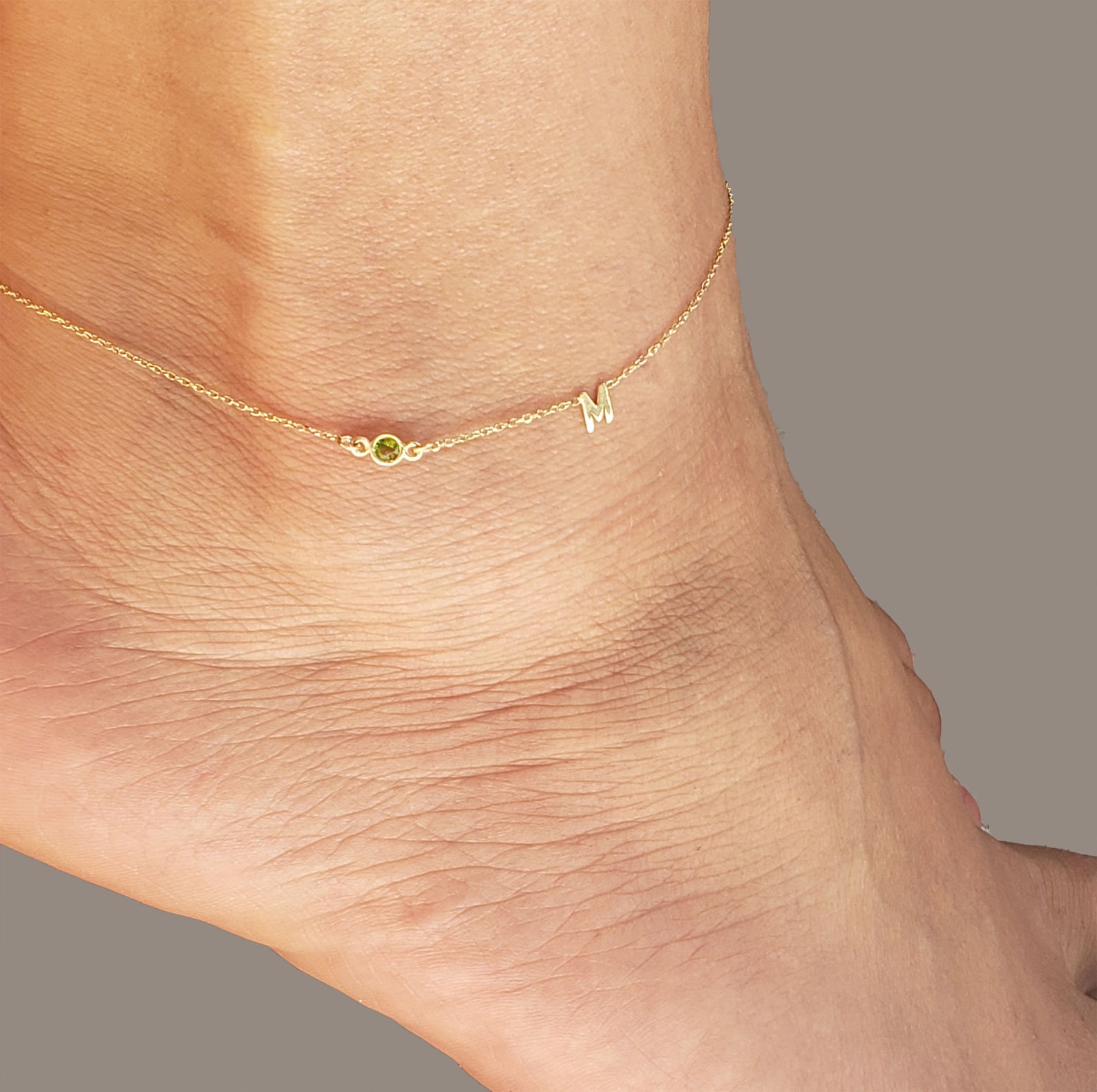 14k gold Anklet initial and birthstone Anklet Anklet gold Etsy