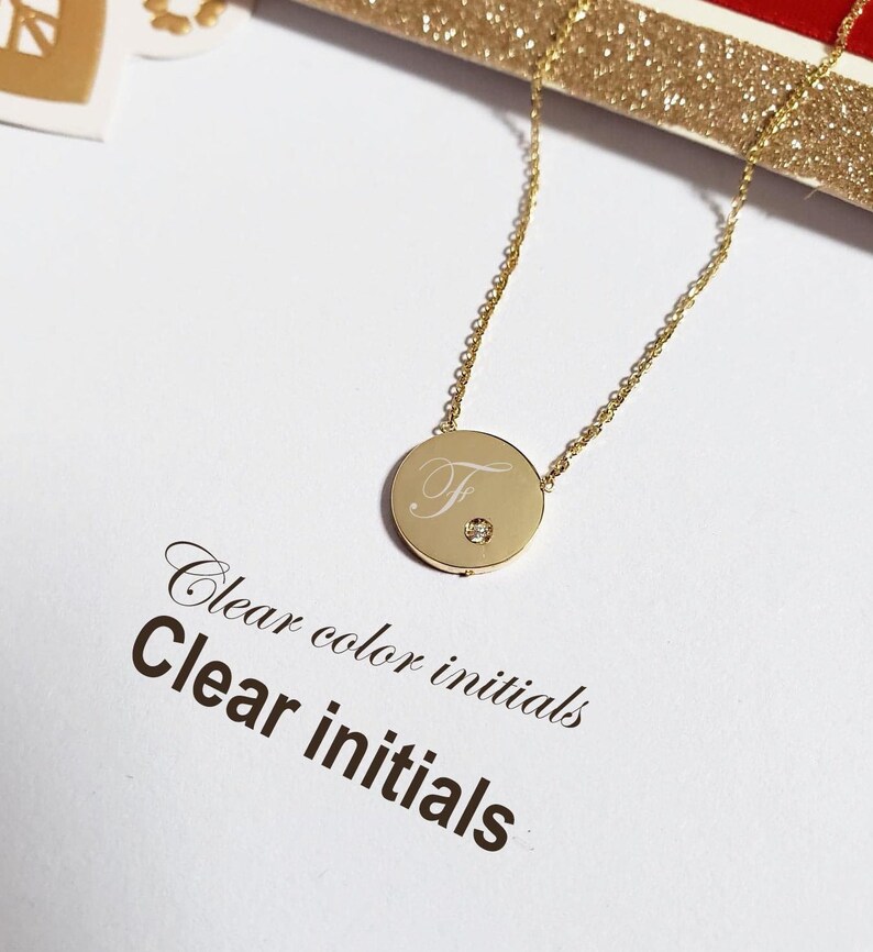 Gold Initial Circle Necklace With A Diamondpersonalized Disk - Circle Pendant Initial Necklace Gold Initial Circle Necklace With A Diamondpersonalized Disk - Circle Pendant Initial Necklace