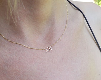 14k gold Roman Number necklace,Mother's day Date necklace, Wedding date necklaces, Numerals, Number Jewelry, Gift for grandma,