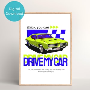 The Beatles Inspired Drive My Car Lyrics Classic Car Wall Art Lime