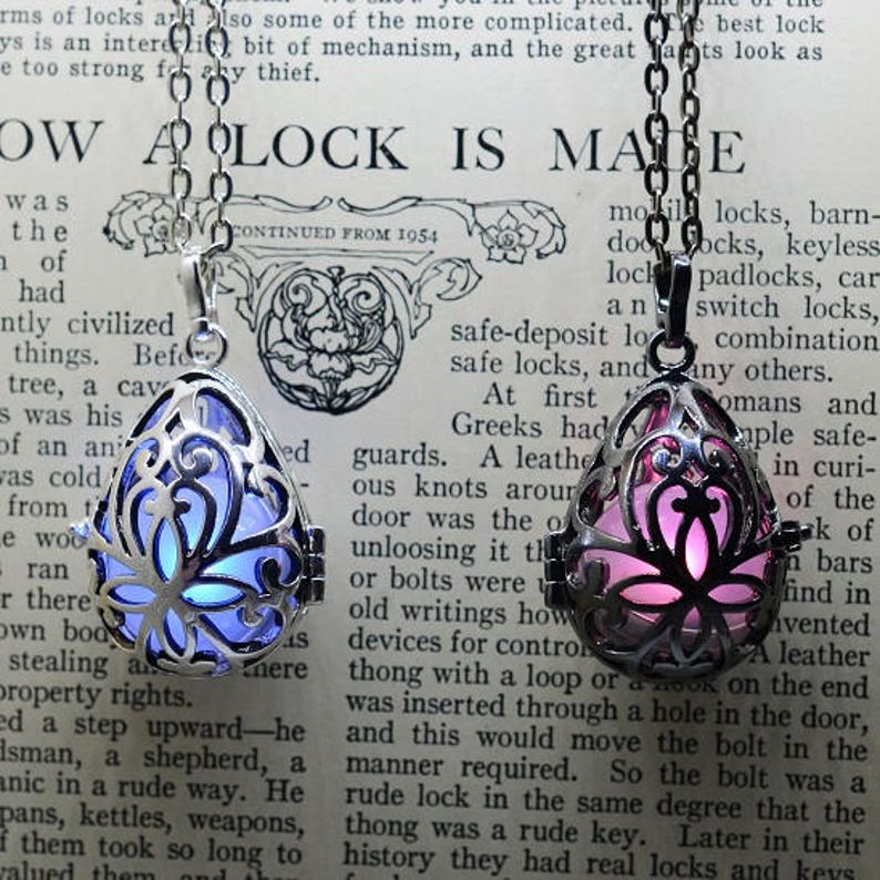 led jewellery glow in the dark silver finish BLUE Glowing Ornate Egg Locket Necklace Blue Fairy
