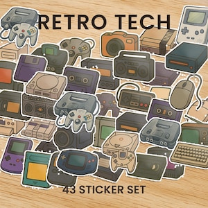 May include: A set of 43 retro tech stickers featuring various gaming consoles, controllers, and accessories. The stickers are colorful and feature a variety of designs, including a Nintendo 64, a Sega Genesis, a Super Nintendo, a Game Boy, and a PlayStation.