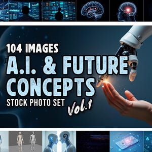 以下が含まれることがあります： 人間の手にロボットの手が伸びているデジタルイラスト。背景は濃い青色で白い星が散りばめられている。画像の中央には「104 IMAGES A.I. & FUTURE CONCEPTS STOCK PHOTO SET Vol.1」というテキストが書かれている。