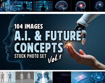 Könnte beinhalten: Eine digitale Illustration einer menschlichen Hand, die sich einer Roboterhand entgegenstreckt. Der Hintergrund ist dunkelblau mit weißen Sternen. Der Text "104 IMAGES A.I. & FUTURE CONCEPTS STOCK PHOTO SET Vol.1" befindet sich in der Mitte des Bildes.