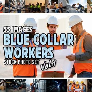 May include: Three men wearing hard hats and safety vests are standing together. They are looking at a blueprint. The text on the image reads "55 Images Blue Collar Workers Stock Photo Set Vol.1".
