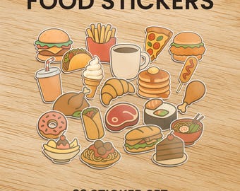 Foodie Sticker Sheets, Cute Food Illustrations Stickers, Burger Fries Ice Cream Corndog Taco Pizza Pancakes Ramen Sushi Cake Chicken Drink