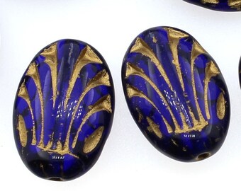 4 (FOUR) 17 mm X 12 mm Czech Glass Art Deco Oval Beads - Clear Cobalt Blue - Gold Rustic Veins - Clam Shell Seashell Floral Jewellery