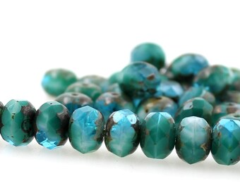 10 (Diez) Cuentas de vidrio checo facetadas de 9 mm x 6 mm - Rondeles en forma de rosquilla - Turquesa Verde Azul Océano Joya Mar MIX Picasso Mist - Fabricación de joyas