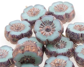 4 (Four) Small 9 mm - Czech Glass Flower Beads - Pale Vintage Milky Opal Green - Shiny Table-Cut Daisy Blossom - Bronze Details Craft Charm