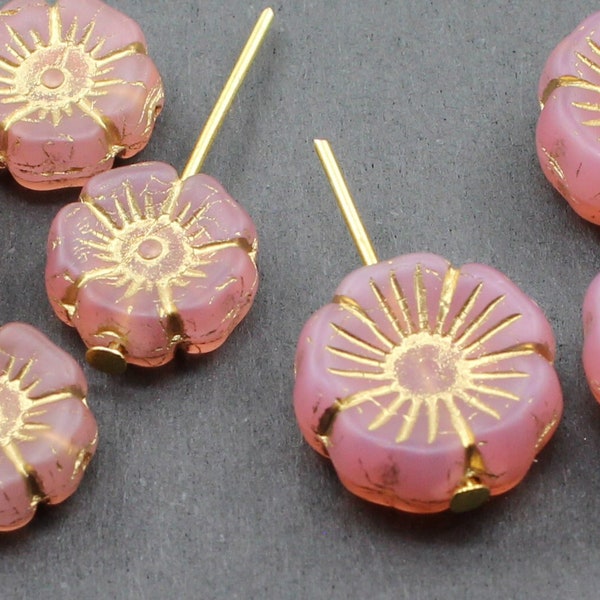 4 (Four) Czech Glass Flower Beads - CHOOSE 14.5mm OR 12mm - Satin Etched Frosted Pink Opal Glow & Gold - Daisy Prunus - Jewellery Earrings