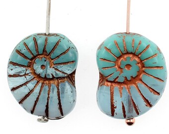 4 (Four) 17 mm x 13 x 0.6 Czech Glass Beads - Shell Ammonite Nautilus Fossil Snail - Ocean Foam Turquoise - Copper OR Bronze Metal Grooves