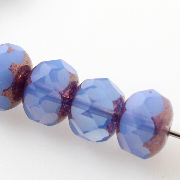10 (Ten) 9 mm x 6 mm Czech Glass Beads - Shiny Facet Cut Copper Lustre - Donut Rondelle - Milky Opal Blue Glow Mix - Jewellery Making Craft