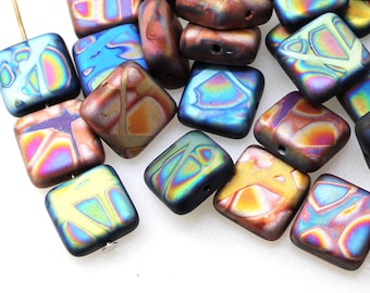 8 (EIGHT)  11 mm x 11 mm Czech Glass Flat Square Beads - Metallic Rainbow Mix Pink Blue Green Orange Matt Etched Iridescent - Charm Earrings