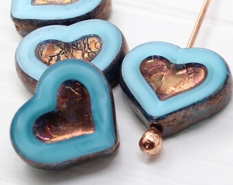 4 (Four) 14 mm x 12 mm Czech Glass Beads - Love Heart - Teal Aqua Pearl Swirl - Table-Cut Shiny Face Copper Bronze - Jewellery Making Charm