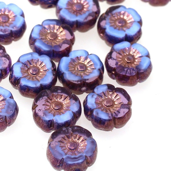 6 (SIX) - 9mm Czech Glass Flower Beads - Periwinkle Blue Pearl & Purple - Opaque Clear Mix - Copper Bronze Table-Cut Shiny - Daisy Prunus