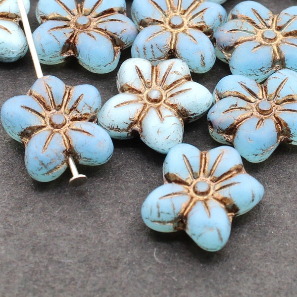 6 (SIX) 14 mm x 13 mm Czech Glass Flower Beads - Watercolour Blue MIX - Etched Matt Frosted - Puffed Viola Pansy -Bronze - Jewellery Making