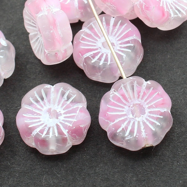 4 (Four) - 14.5mm Czech Glass Flower Bead - Etched Matt Frosted Clear Raspberry Pink Ripple Chalk White - Daisy Prunus - Jewellery Earrings