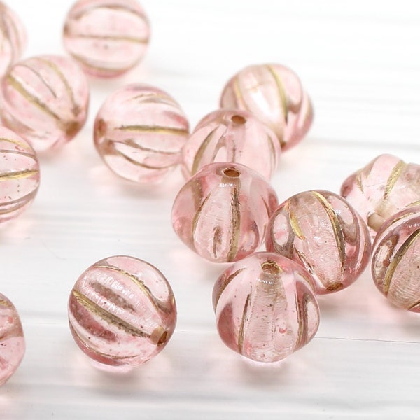 10 (Ten) - 8mm Czech Glass Round Melon Bead - Clear Vintage Pink  With Gold Metallic Ridges - Fluted Groove  - Jewel Spacer Jewellery Design