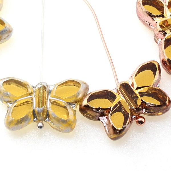 4 (Four) x 19 mm Czech Glass Butterfly Bead - Clear Lemon Ochre Yellow - Silver OR Copper Edges - Jewellery Making Earrings Charms Pendant
