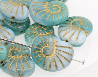 4 (Four) 17 mm x 13 mm Czech Glass Beads - Shell Ammonite Nautilus Fossil Snail - Ocean Foam Turquoise - Gold Groove Highlights - Shine