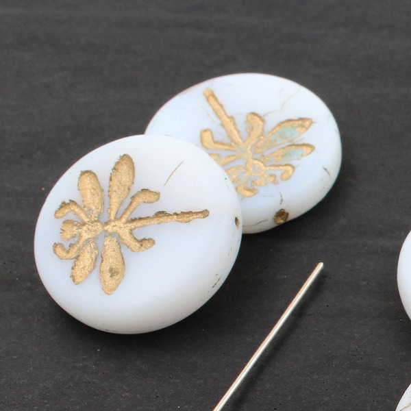 2 (Two) - 23mm - Czech Glass Dragonfly Coin Beads - Antique Gold Sea-Worn Matt Etched Finish - Vintage White - Disc Round - Ancient Artefact