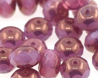 10 (DIEZ) cuentas de vidrio checo Rondelle de 9 mm x 6 mm - Corte facetado tipo rosquilla - Brillo ópalo rosa empolvado - Brillo metálico bronce - Para la elaboración de joyas
