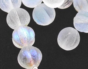 10 (Diez) cuentas redondas de cristal checo de 8 mm con forma de melón - Bolas de nieve, hielo transparente esmerilado, vidrio marino grabado - AB Flash - Espaciador para joyería