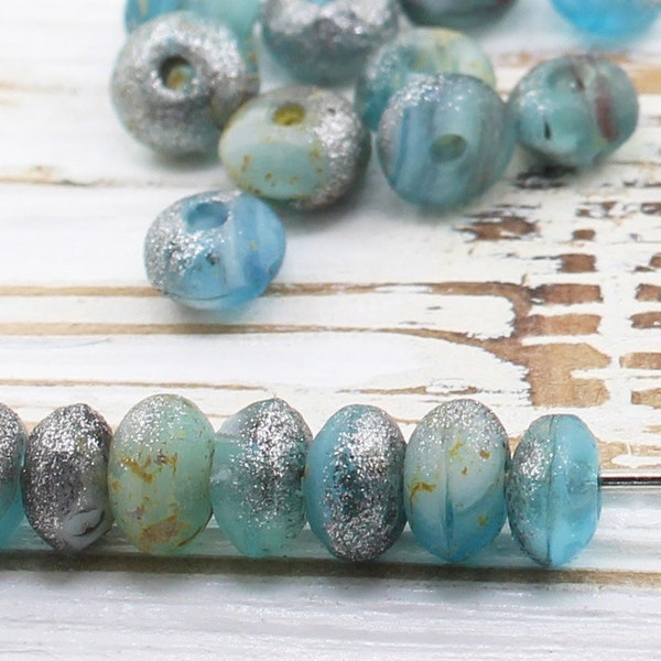 10 (Ten) - 5mm x 3mm Czech Glass Mini Donut Beads - Seaworn Etched Frosted Rustic Rondelle - Aqua Blue - Green Sage - Sea-foam Silver Spacer