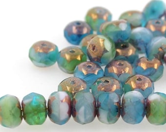 10 (Diez) Cuentas de vidrio checo en forma de rosquilla de 9 mm x 6 mm - Rondel brillante con corte facetado - Mezcla opaca de brillo cobrizo y azul turquesa azul océano lechoso
