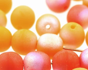 10 (diez) cuentas de vidrio checo de 6 mm - Redondas esféricas grabadas con efecto desgastado marino - Esmeriladas y pulidas - Naranja vibrante opaco - Mandarina o Soleado - AB Spray