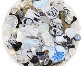 Mezcla de cuentas de vidrio de metal, negro, blanco y gris (40 g), varias formas y tamaños, perla checa con grabado AB escarchado, dijes artesanales en pares. Ver opciones.