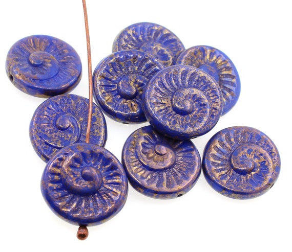 4 (Four) 18mm Czech Glass FOSSIL Beads - Ammonite Shell - Navy Royal Blue Sponged Copper Lustre - Coin Round Disc - Jewellery Design Charm