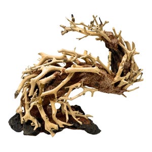 May include: A decorative piece of driftwood with a natural, gnarled shape and a brown and tan color. The driftwood is arranged in a curved shape, with the branches extending out in a variety of directions. The driftwood is perfect for adding a natural touch to any home or garden.