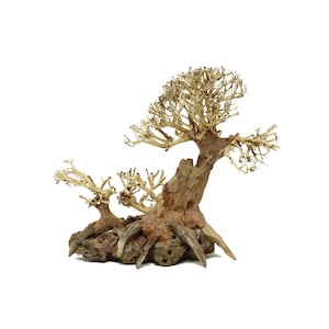 May include: A decorative bonsai tree made of driftwood and branches, with a natural brown and white color scheme. The tree is set on a base of brown and gray volcanic rock.