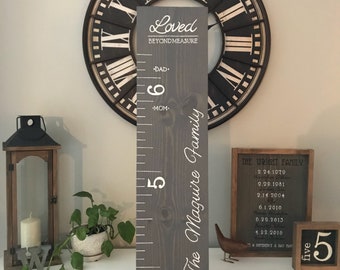 May include: A gray wooden growth chart with white lettering. The chart is labeled "Loved Beyond Measure" and features the text "The Maguire Family". The chart includes measurements in inches from 4 to 6 feet.