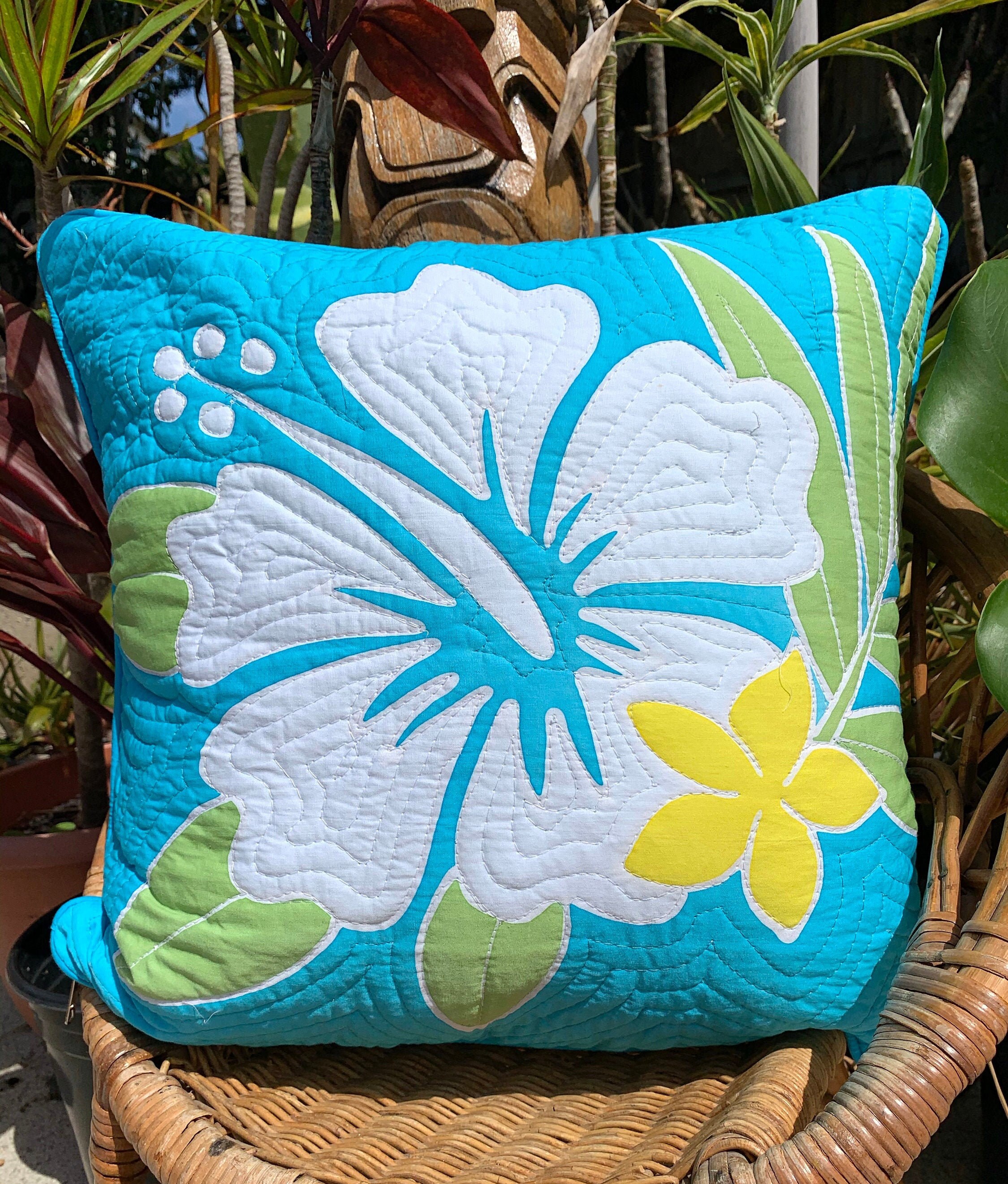 Hawaiian Quilt Hibiscus Turquoise Blue Island Cushion Cover