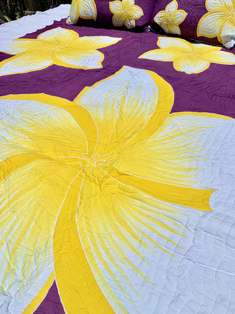 Palama Yellow Plumeria Purple Quilt In Full Queen Size 84in Etsy