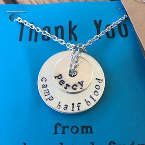 Percy Jackson Hand Stamped Washer Necklace on Chain - &quot;camp half blood&quot; with &quot;percy&quot; charm