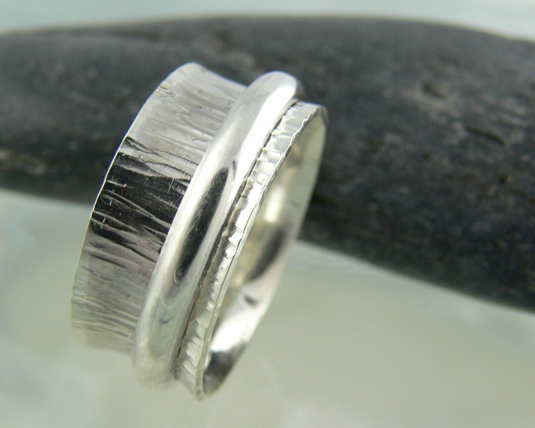 Silver Spinner Ring Hammered Texture, Wide Band Fidget Ring Eco ...