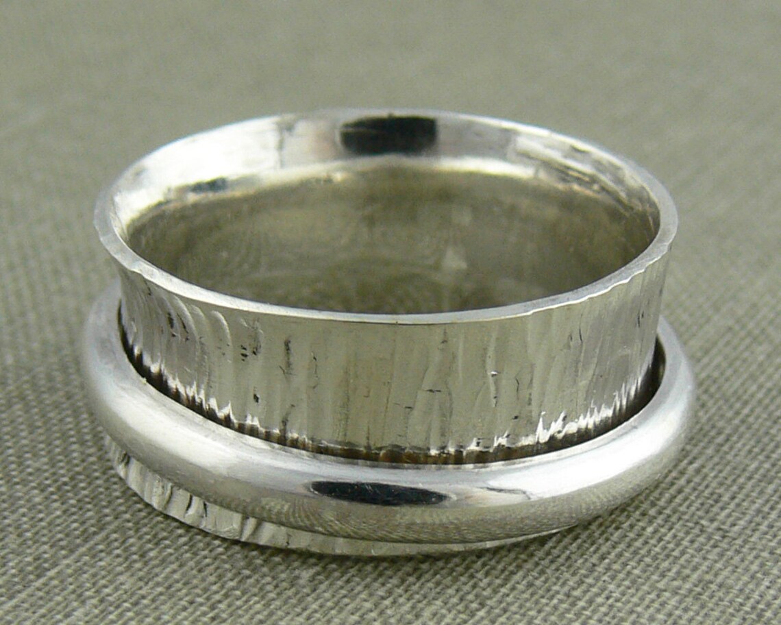 Silver Spinner Ring Hammered Texture, Wide Band Fidget Ring Eco ...